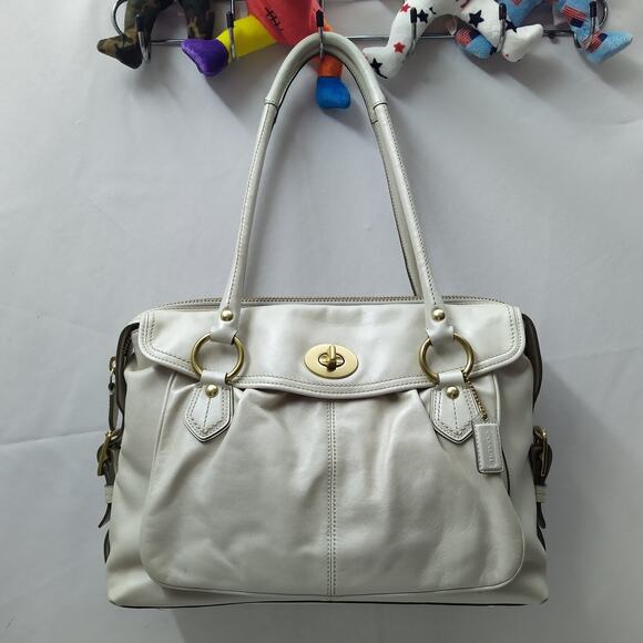 Coach Addison Spectator White Leather Turnlock Double Handles Zipper Satchel Bag - Picture 1 of 16